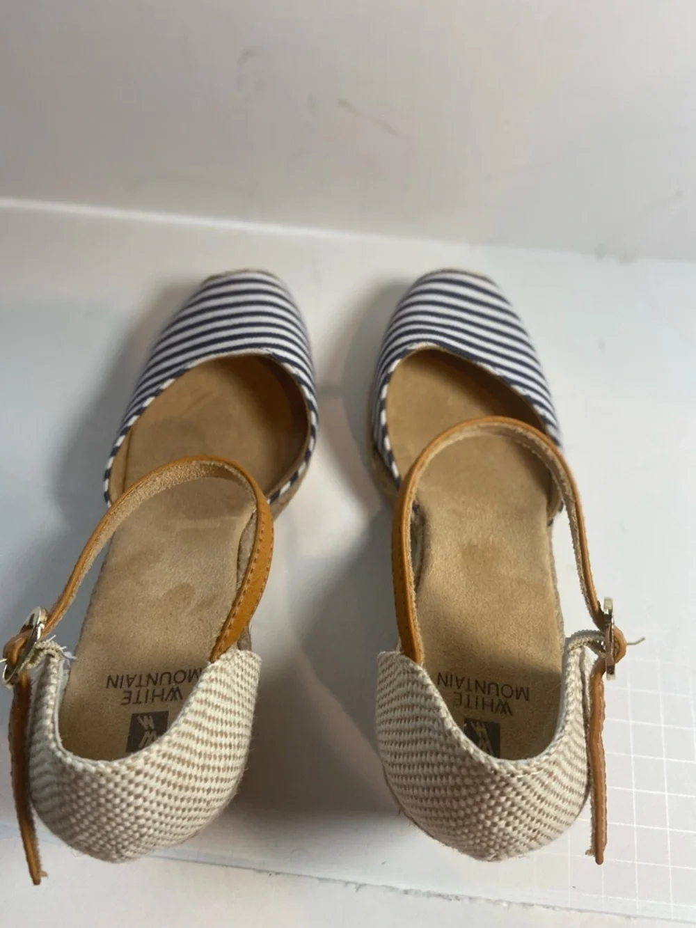 White Mountain~Navy/White Striped Cotton Canvas~Espadrille~Wedge~Sandal~Size 8.5